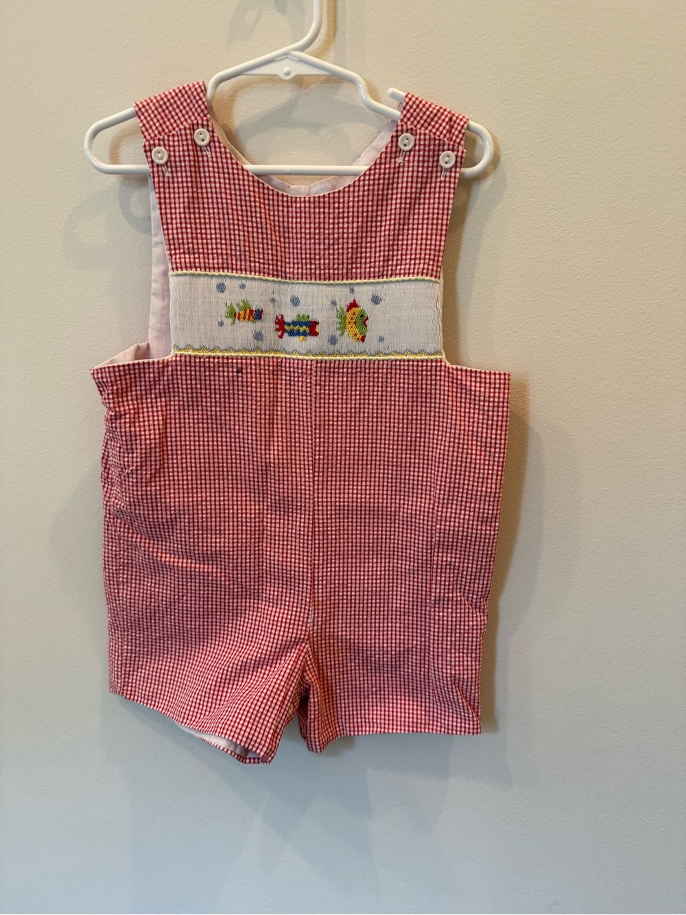 Two Friends Boys Smocked Fish Red Gingham Shortall 3T